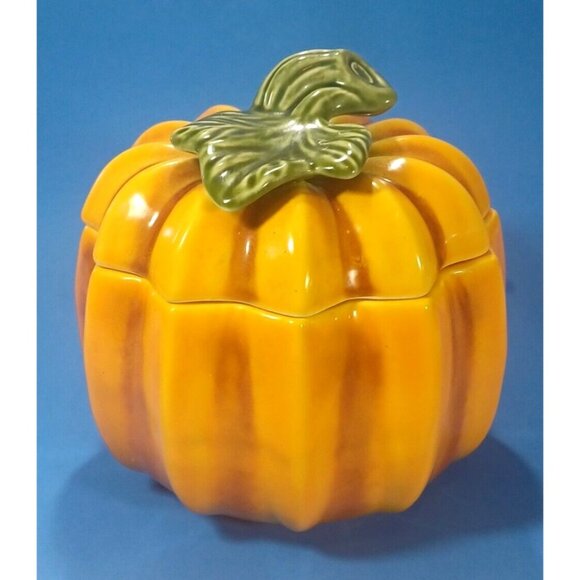 Majolica Pottery  Pumpkin Tureen Candy Dish Cookie Jar Bowl Lid Olfaire Portugal - Picture 5 of 14